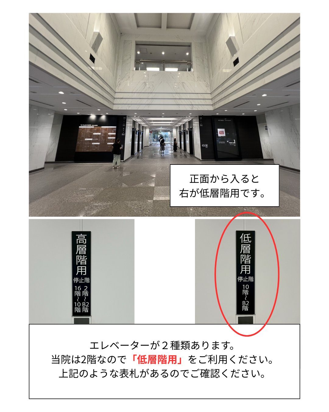 요코하마 병원 오시는 길 STEP11: 엘리베이터는 2종류가 있습니다. 본원은 2층에 위치해 있으므로 ‘저층용’을 이용해 주십시오.