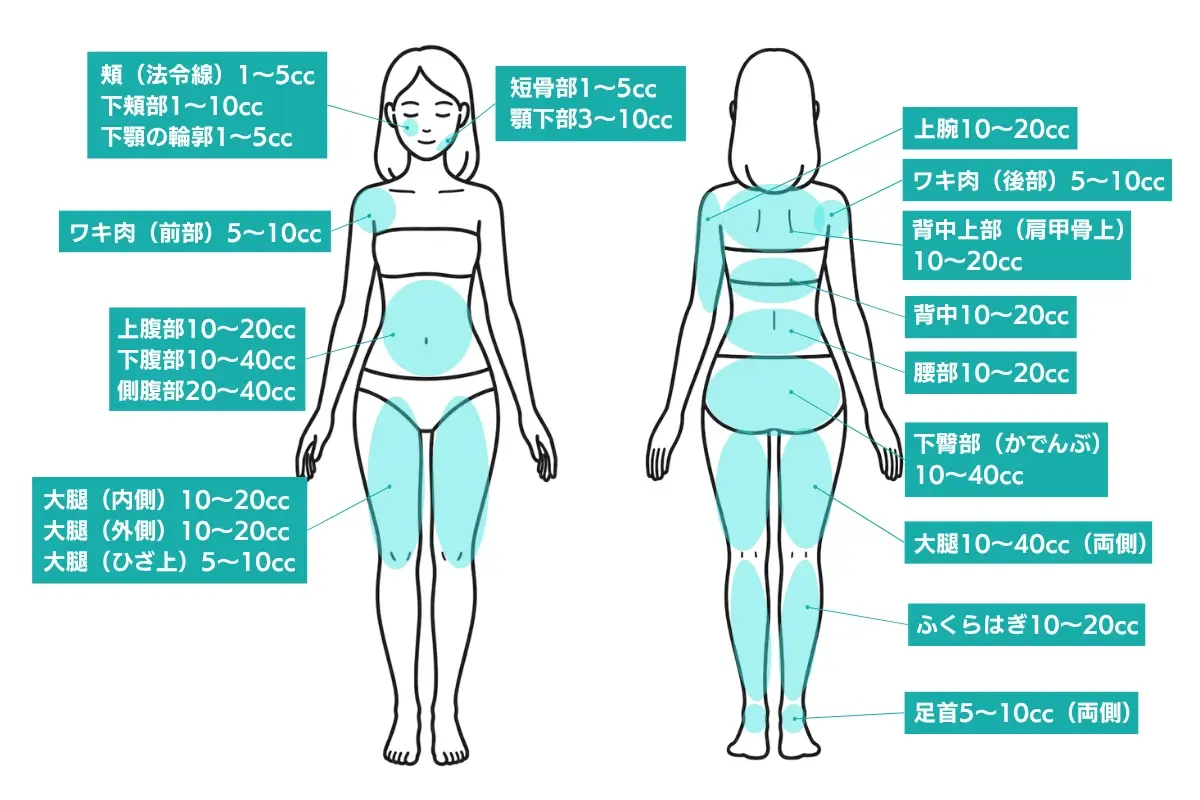 Ilustração com as zonas recomendadas para o Ecliris e as quantidades de injeção (cc) orientativas